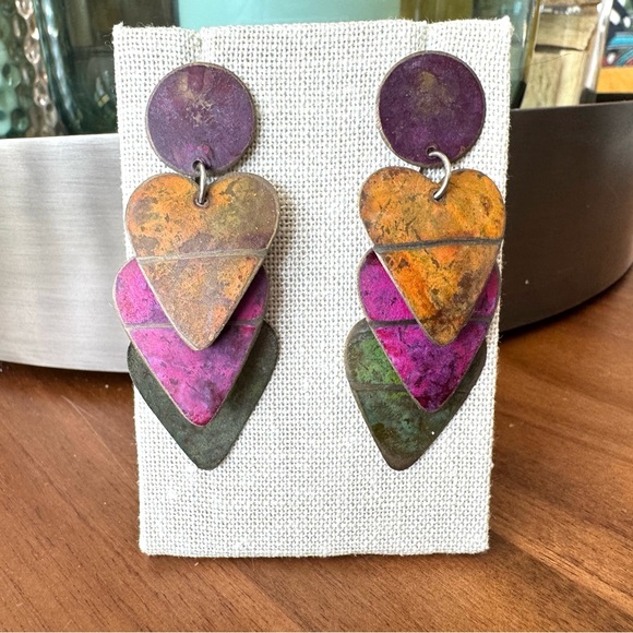 Artisan Jewelry - Vintage Multicolor Heart Drop Earrings
